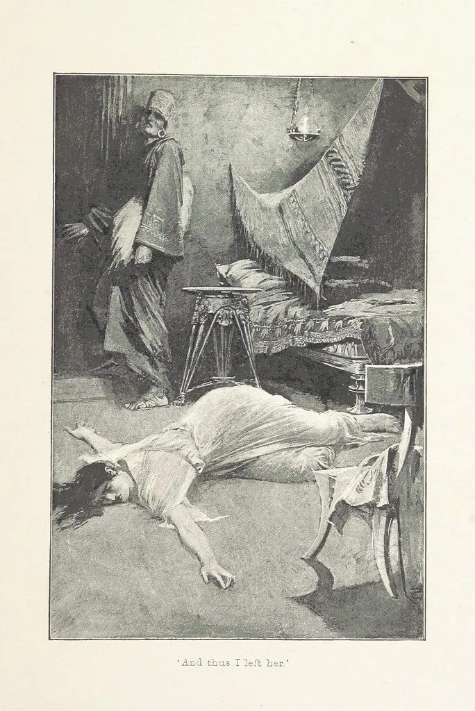 An illustration from Cleopatra, being an account of the fall and vengeance of Harmachis, the royal Egyptian, as set forth by his own hand. [A novel, with illustrations by R. C. Woodville and Maurice Greiffenhagen.] L.P, 1889, leaf 315