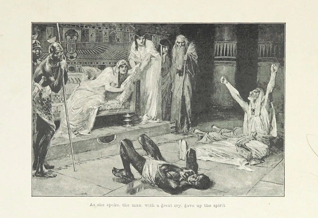 An illustration from Cleopatra, being an account of the fall and vengeance of Harmachis, the royal Egyptian, as set forth by his own hand. [A novel, with illustrations by R. C. Woodville and Maurice Greiffenhagen.] L.P, 1889, leaf 375