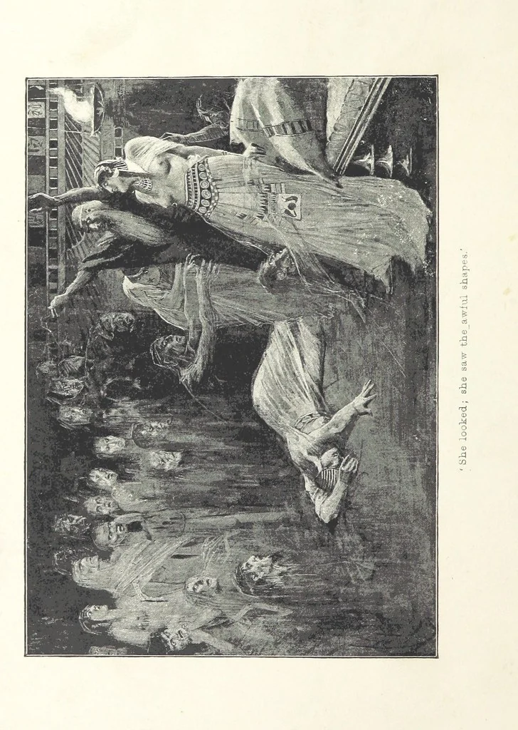 An illustration from Cleopatra, being an account of the fall and vengeance of Harmachis, the royal Egyptian, as set forth by his own hand. [A novel, with illustrations by R. C. Woodville and Maurice Greiffenhagen.] L.P, 1889, leaf 404