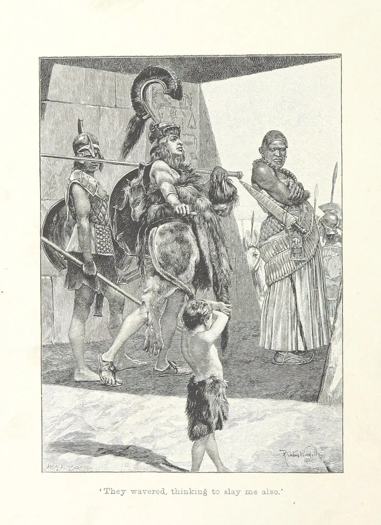 An illustration from Cleopatra, being an account of the fall and vengeance of Harmachis, the royal Egyptian, as set forth by his own hand. [A novel, with illustrations by R. C. Woodville and Maurice Greiffenhagen.] L.P, 1889, leaf 48