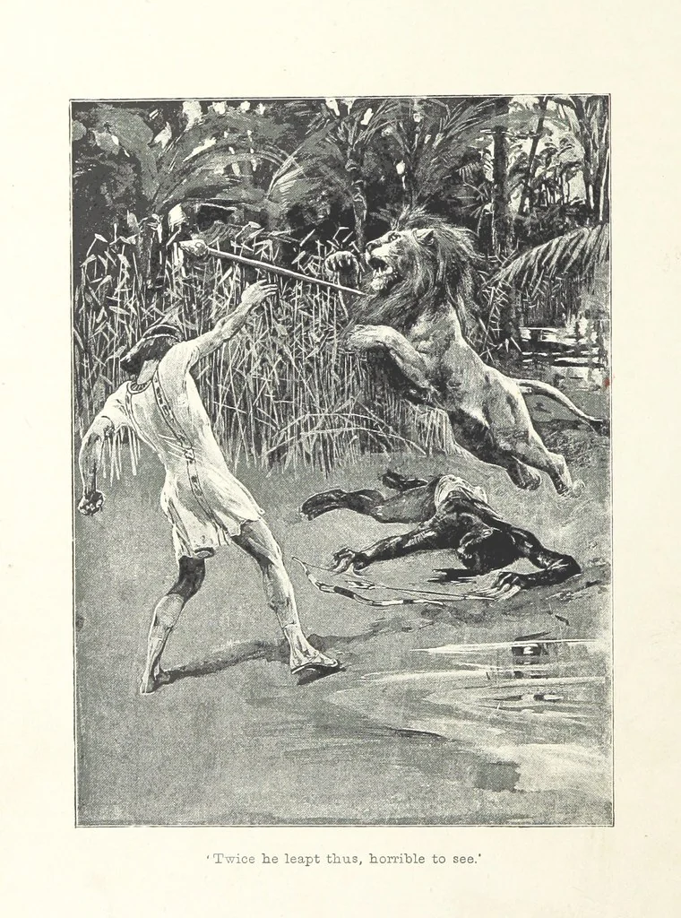 An illustration from Cleopatra, being an account of the fall and vengeance of Harmachis, the royal Egyptian, as set forth by his own hand. [A novel, with illustrations by R. C. Woodville and Maurice Greiffenhagen.] L.P, 1889, leaf 56