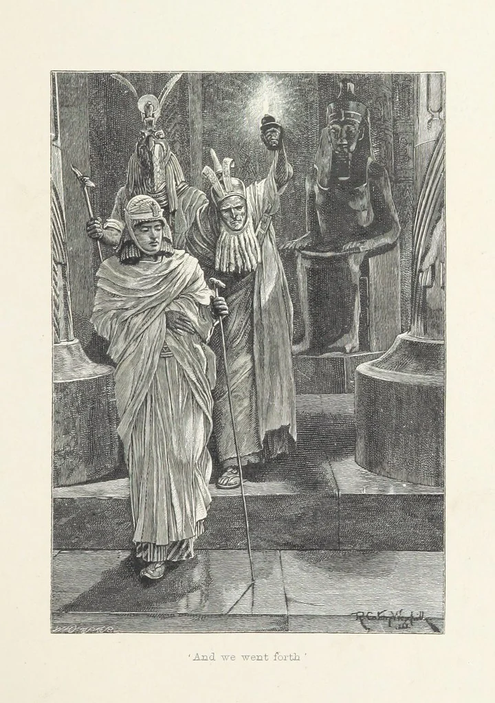 An illustration from Cleopatra, being an account of the fall and vengeance of Harmachis, the royal Egyptian, as set forth by his own hand. [A novel, with illustrations by R. C. Woodville and Maurice Greiffenhagen.] L.P, 1889, leaf 93