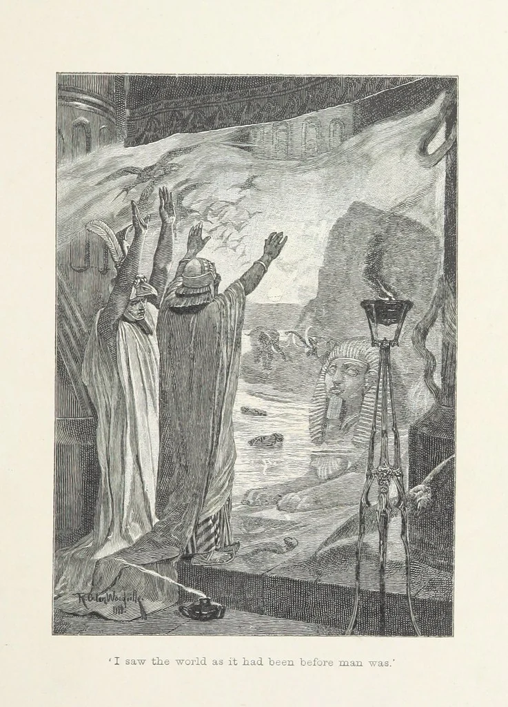 An illustration from Cleopatra, being an account of the fall and vengeance of Harmachis, the royal Egyptian, as set forth by his own hand. [A novel, with illustrations by R. C. Woodville and Maurice Greiffenhagen.] L.P, 1889, leaf 97