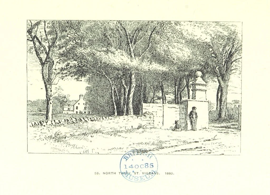 An illustration from Aberbrothock illustrated. Being the Round O etchings in miniature by John Adam. ... With ... notes by G. Hay, 1886, leaf 157