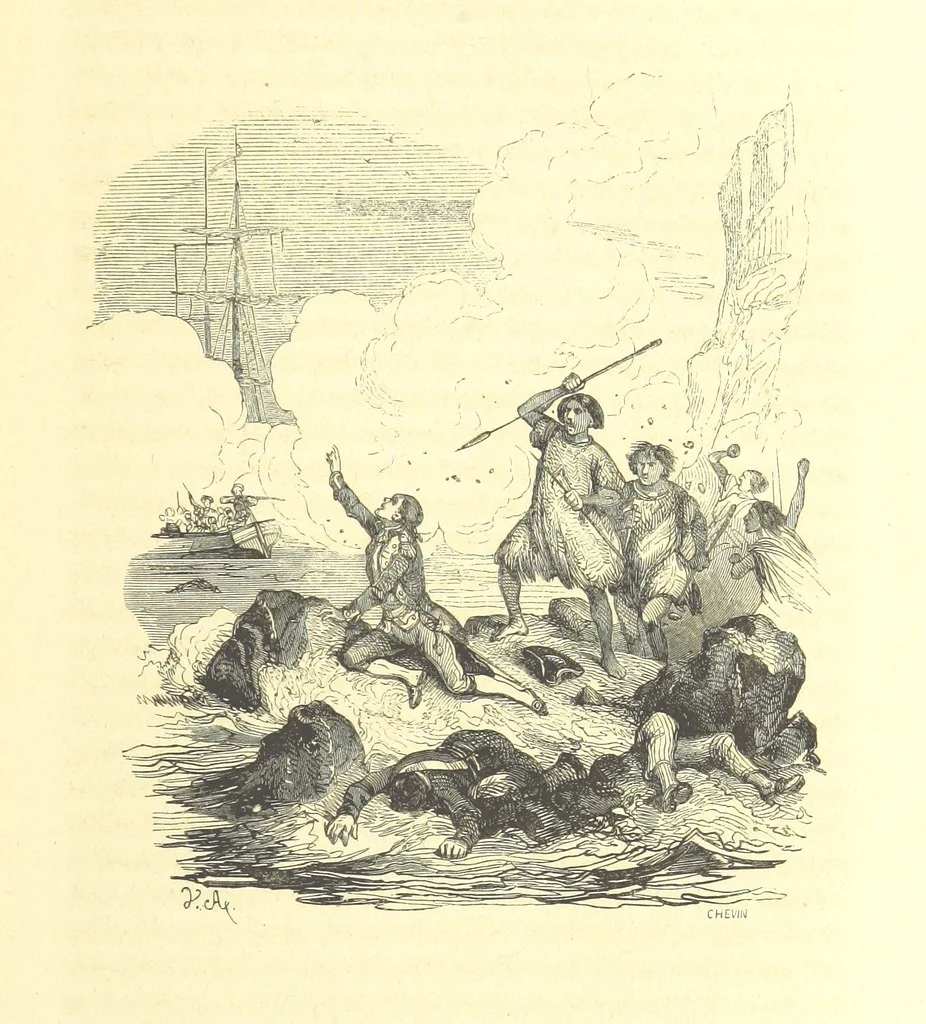An illustration from Aventures les plus curieuses des voyageurs. Coup d'œil autour du monde, d'après les relations anciennes et modernes ... par M. Hombron. Ouvrage imité des Aventures des voyageurs par P. Blanchard, 1847, leaf 877