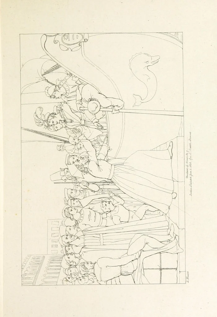 An illustration from The Spirit of the Plays of Shakspeare exhibited in a Series of Outline Plates, illustrative of the story of each play ... With quotations and descriptions. L.P, 1833, leaf 45