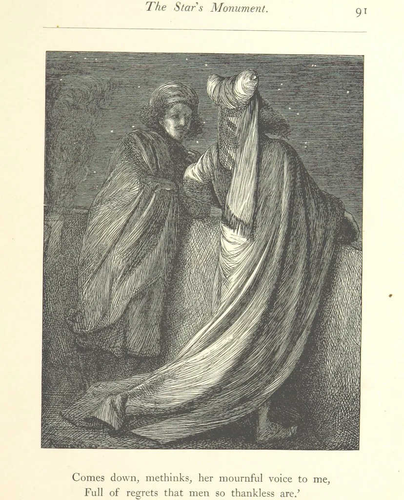 An illustration from Poems ... With illustrations by G. J. Pinwell, E. J. Poynter, ... engraved by the Brothers Dalziel, 1867, leaf 115