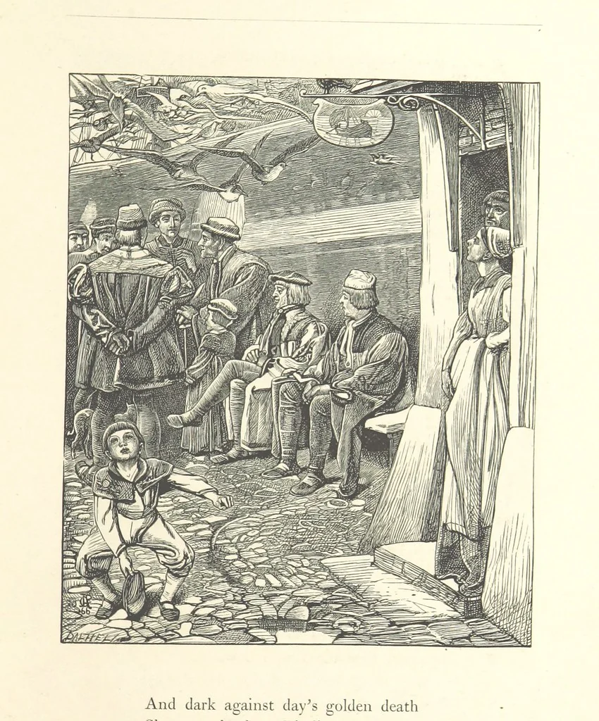 An illustration from Poems ... With illustrations by G. J. Pinwell, E. J. Poynter, ... engraved by the Brothers Dalziel, 1867, leaf 185