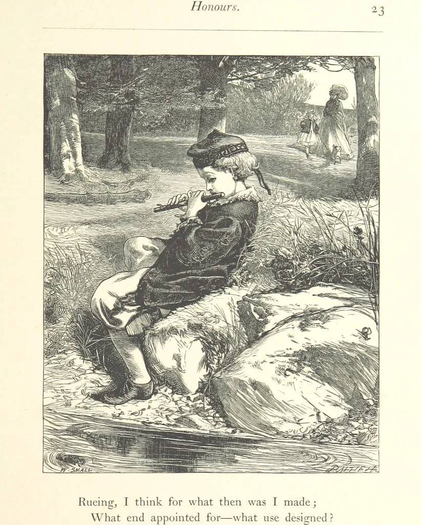 An illustration from Poems ... With illustrations by G. J. Pinwell, E. J. Poynter, ... engraved by the Brothers Dalziel, 1867, leaf 47
