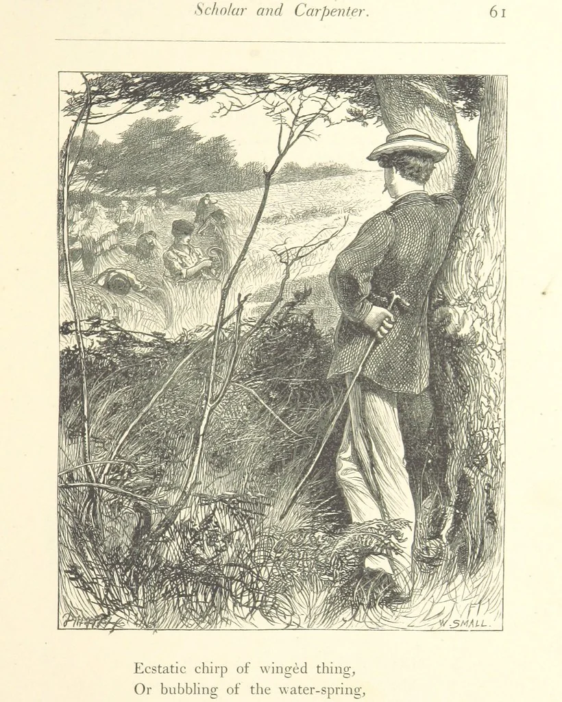 An illustration from Poems ... With illustrations by G. J. Pinwell, E. J. Poynter, ... engraved by the Brothers Dalziel, 1867, leaf 85