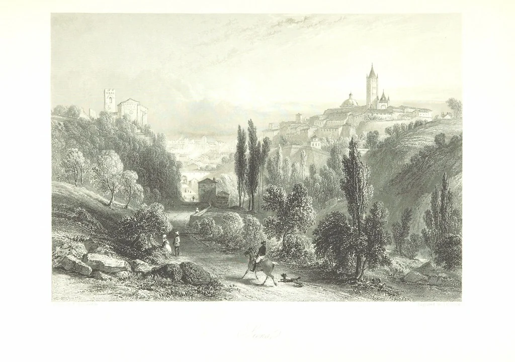 An illustration from Italy, classical, historical and picturesque. Illustrated in a series of views from drawings by Stanfield, R. A., Roberts, R. A., Harding, Prout, Leitch, Brockedon, Barnard, &c. &c. With descriptions of the scenes. Preceded by an introductory essay, on the recent history and present condition of Italy and the Italians, by Camillo Mapei (translated by David Dundas Scott), 1859, leaf 201