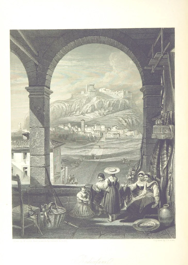 An illustration from Italy, classical, historical and picturesque. Illustrated in a series of views from drawings by Stanfield, R. A., Roberts, R. A., Harding, Prout, Leitch, Brockedon, Barnard, &c. &c. With descriptions of the scenes. Preceded by an introductory essay, on the recent history and present condition of Italy and the Italians, by Camillo Mapei (translated by David Dundas Scott), 1859, leaf 230