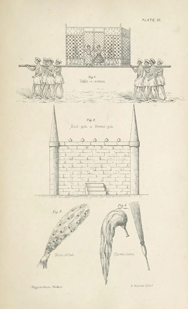 An illustration from Qanoon-e-Islan, or the Customs of the Moosulmans of India; comprising a full and exact account of their various rites and ceremonies ... By Jaffur Shurreef. Composed under the direction of, and translated by, G. A. Herklots, 1863, leaf 505