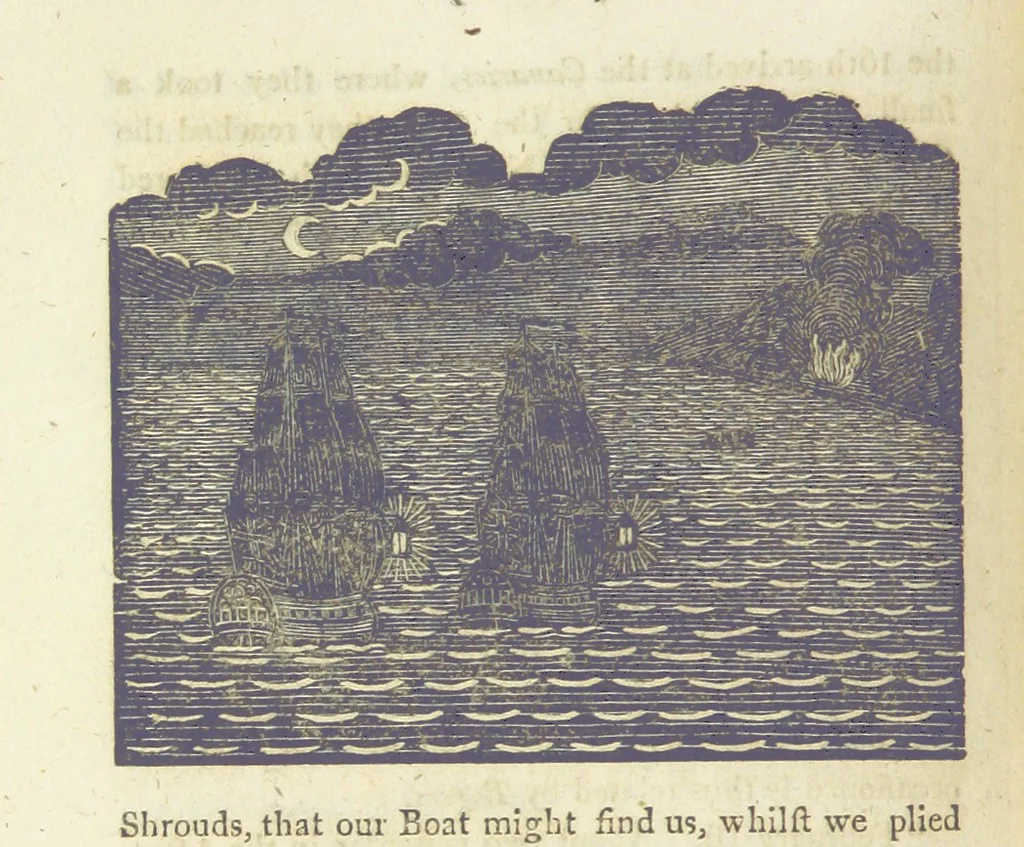 An illustration from Providence Displayed: or, the remarkable adventures of Alexander Selkirk, who lived four years and four months by himself, on the island of Juan Fernandez ... To which is added a supplement, containing the history of P. Serrano, E. How, and others left in similar situations, 1800, leaf 120