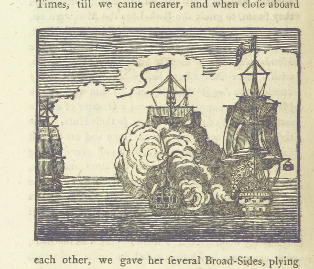An illustration from Providence Displayed: or, the remarkable adventures of Alexander Selkirk, who lived four years and four months by himself, on the island of Juan Fernandez ... To which is added a supplement, containing the history of P. Serrano, E. How, and others left in similar situations, 1800, leaf 156