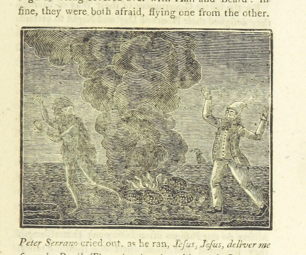 An illustration from Providence Displayed: or, the remarkable adventures of Alexander Selkirk, who lived four years and four months by himself, on the island of Juan Fernandez ... To which is added a supplement, containing the history of P. Serrano, E. How, and others left in similar situations, 1800, leaf 179