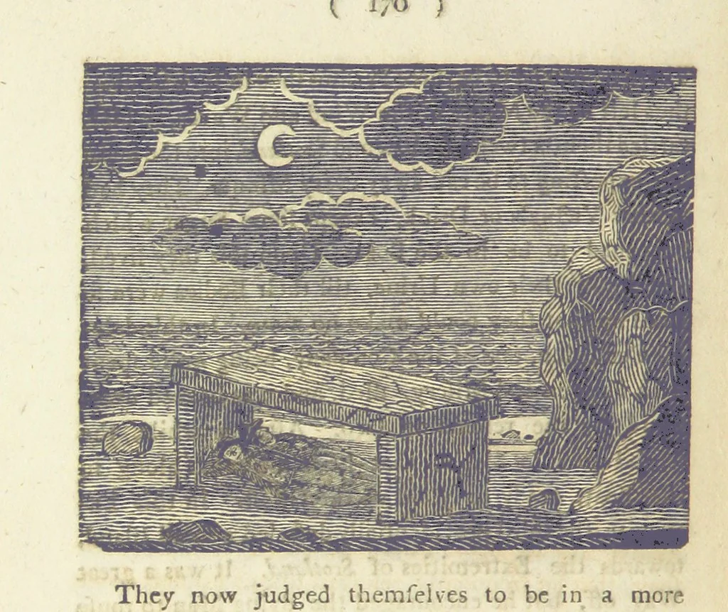 An illustration from Providence Displayed: or, the remarkable adventures of Alexander Selkirk, who lived four years and four months by himself, on the island of Juan Fernandez ... To which is added a supplement, containing the history of P. Serrano, E. How, and others left in similar situations, 1800, leaf 186