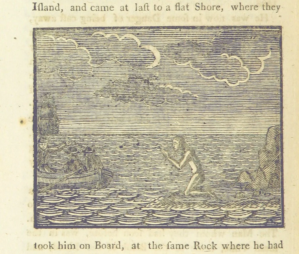 An illustration from Providence Displayed: or, the remarkable adventures of Alexander Selkirk, who lived four years and four months by himself, on the island of Juan Fernandez ... To which is added a supplement, containing the history of P. Serrano, E. How, and others left in similar situations, 1800, leaf 190