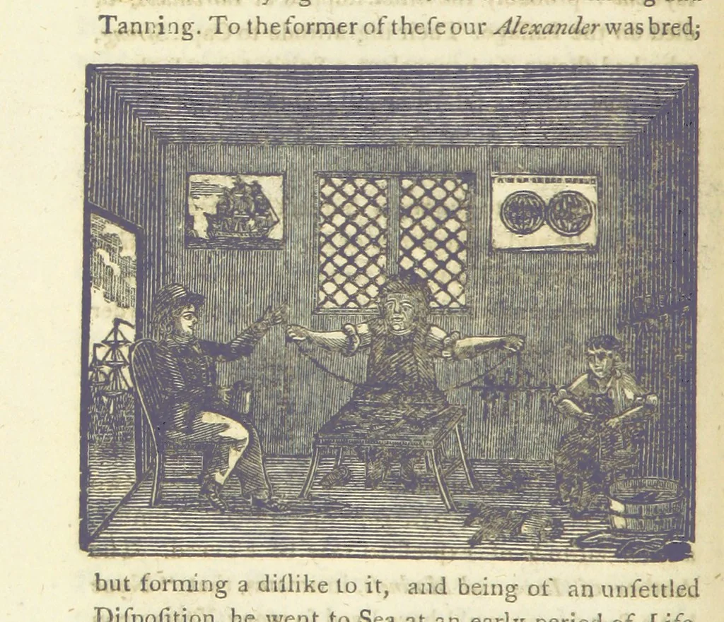An illustration from Providence Displayed: or, the remarkable adventures of Alexander Selkirk, who lived four years and four months by himself, on the island of Juan Fernandez ... To which is added a supplement, containing the history of P. Serrano, E. How, and others left in similar situations, 1800, leaf 50