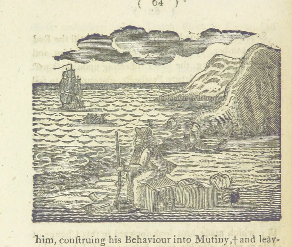 An illustration from Providence Displayed: or, the remarkable adventures of Alexander Selkirk, who lived four years and four months by himself, on the island of Juan Fernandez ... To which is added a supplement, containing the history of P. Serrano, E. How, and others left in similar situations, 1800, leaf 80