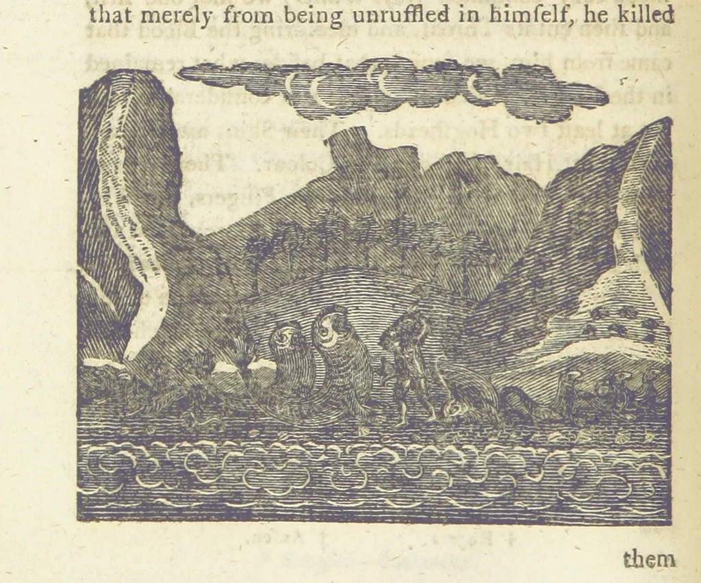 An illustration from Providence Displayed: or, the remarkable adventures of Alexander Selkirk, who lived four years and four months by himself, on the island of Juan Fernandez ... To which is added a supplement, containing the history of P. Serrano, E. How, and others left in similar situations, 1800, leaf 98