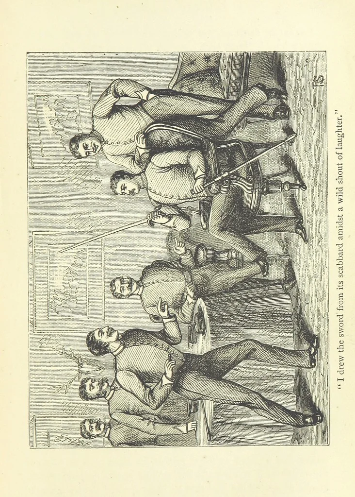 An illustration from With the Colours; or, the piping times of peace ... With illustrations by R. Simkin, 1881, leaf 101