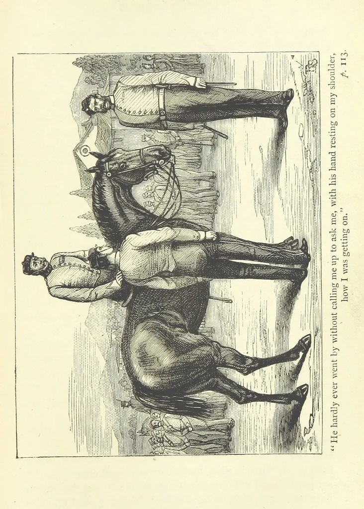 An illustration from With the Colours; or, the piping times of peace ... With illustrations by R. Simkin, 1881, leaf 117
