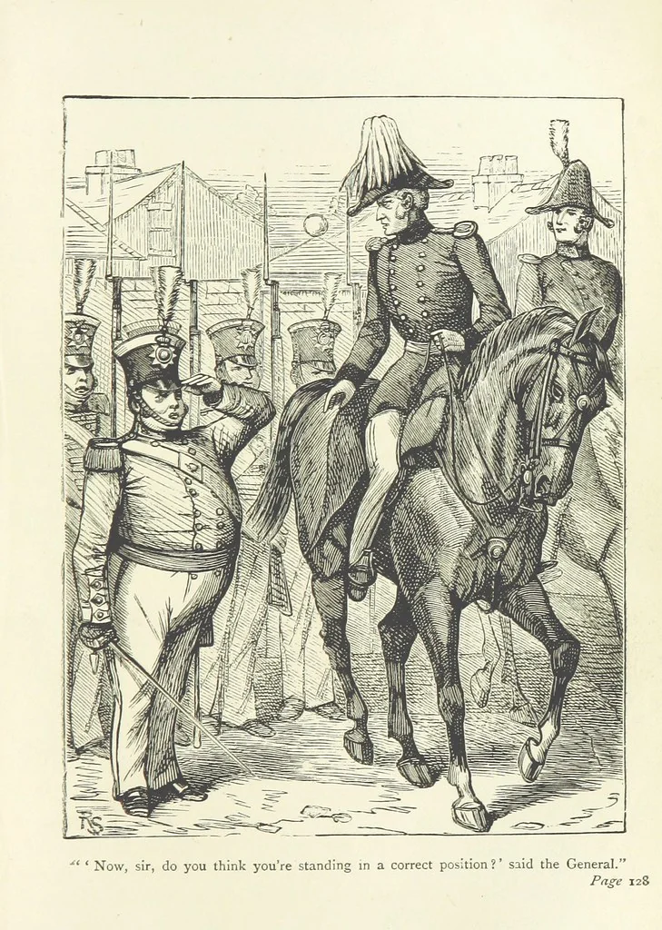 An illustration from With the Colours; or, the piping times of peace ... With illustrations by R. Simkin, 1881, leaf 135