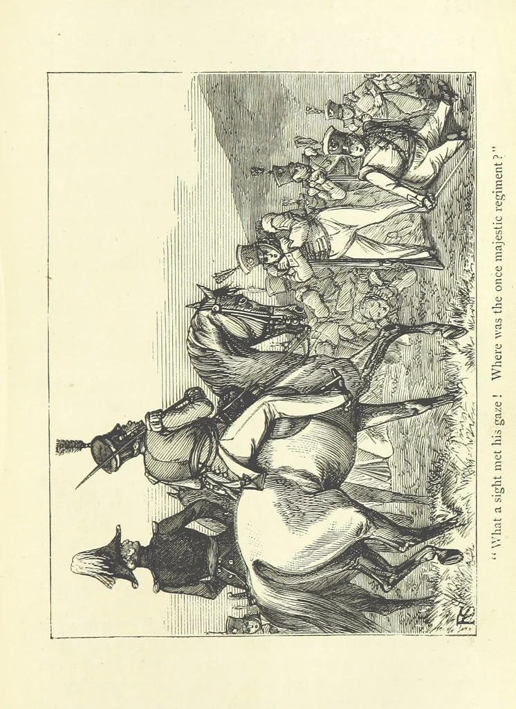 An illustration from With the Colours; or, the piping times of peace ... With illustrations by R. Simkin, 1881, leaf 141