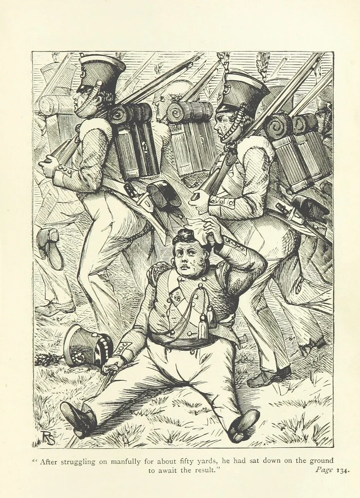An illustration from With the Colours; or, the piping times of peace ... With illustrations by R. Simkin, 1881, leaf 143