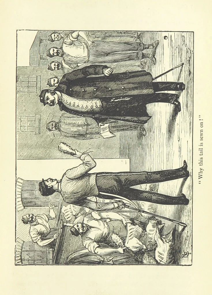 An illustration from With the Colours; or, the piping times of peace ... With illustrations by R. Simkin, 1881, leaf 149