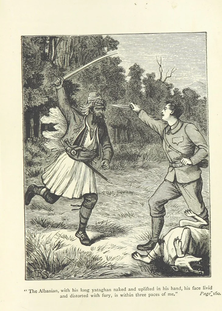 An illustration from With the Colours; or, the piping times of peace ... With illustrations by R. Simkin, 1881, leaf 179