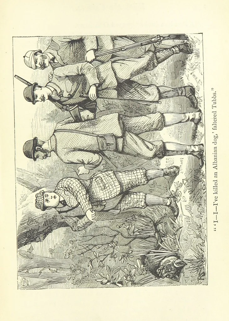 An illustration from With the Colours; or, the piping times of peace ... With illustrations by R. Simkin, 1881, leaf 185