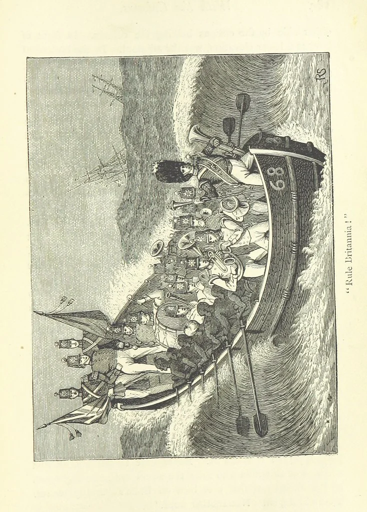 An illustration from With the Colours; or, the piping times of peace ... With illustrations by R. Simkin, 1881, leaf 195