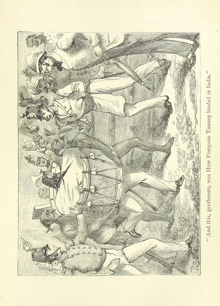 An illustration from With the Colours; or, the piping times of peace ... With illustrations by R. Simkin, 1881, leaf 199