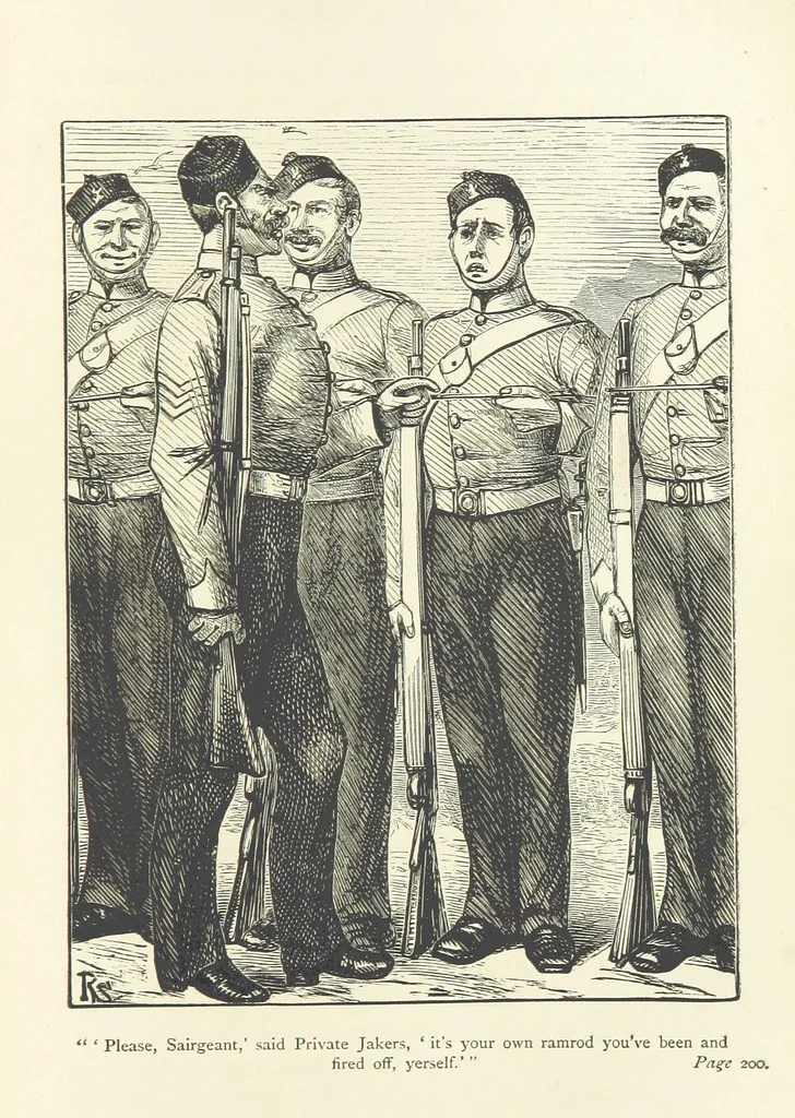 An illustration from With the Colours; or, the piping times of peace ... With illustrations by R. Simkin, 1881, leaf 213