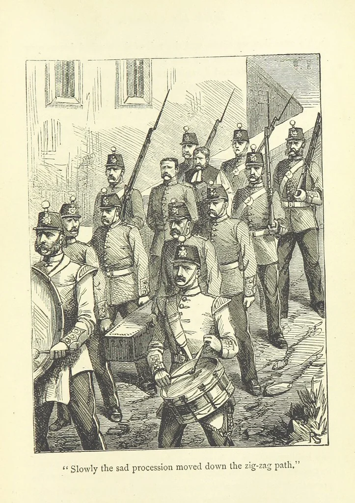 An illustration from With the Colours; or, the piping times of peace ... With illustrations by R. Simkin, 1881, leaf 217