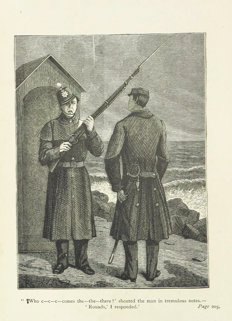 An illustration from With the Colours; or, the piping times of peace ... With illustrations by R. Simkin, 1881, leaf 220