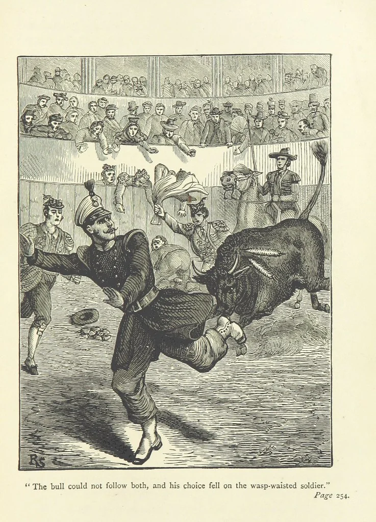 An illustration from With the Colours; or, the piping times of peace ... With illustrations by R. Simkin, 1881, leaf 275