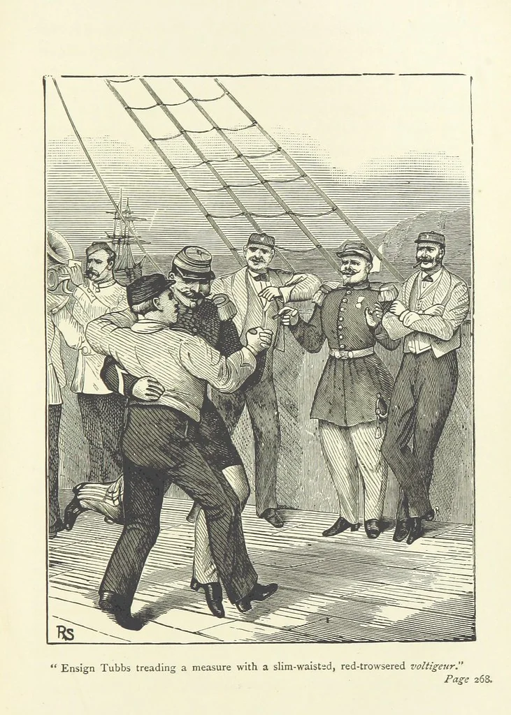 An illustration from With the Colours; or, the piping times of peace ... With illustrations by R. Simkin, 1881, leaf 291