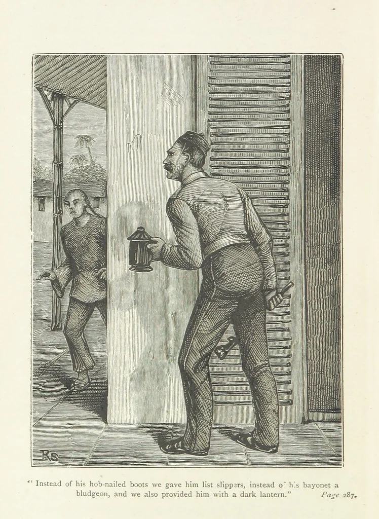 An illustration from With the Colours; or, the piping times of peace ... With illustrations by R. Simkin, 1881, leaf 314
