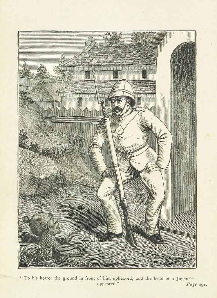 An illustration from With the Colours; or, the piping times of peace ... With illustrations by R. Simkin, 1881, leaf 320