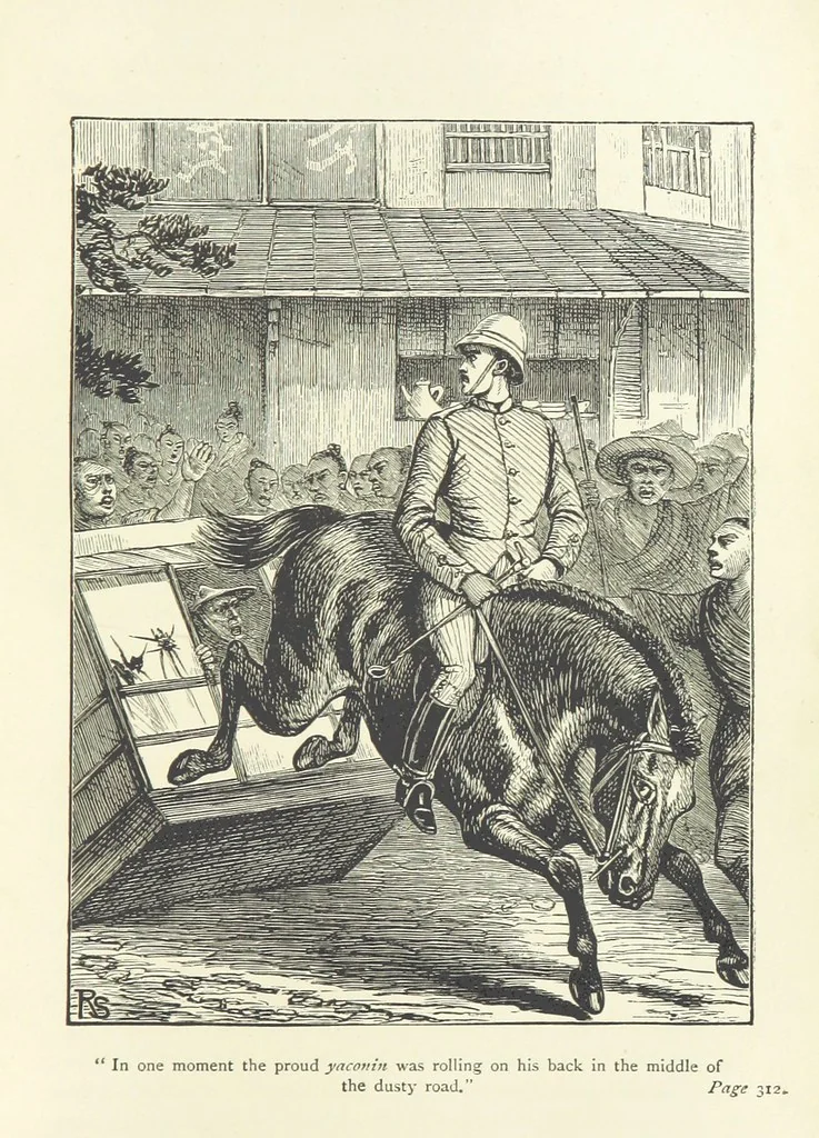 An illustration from With the Colours; or, the piping times of peace ... With illustrations by R. Simkin, 1881, leaf 343