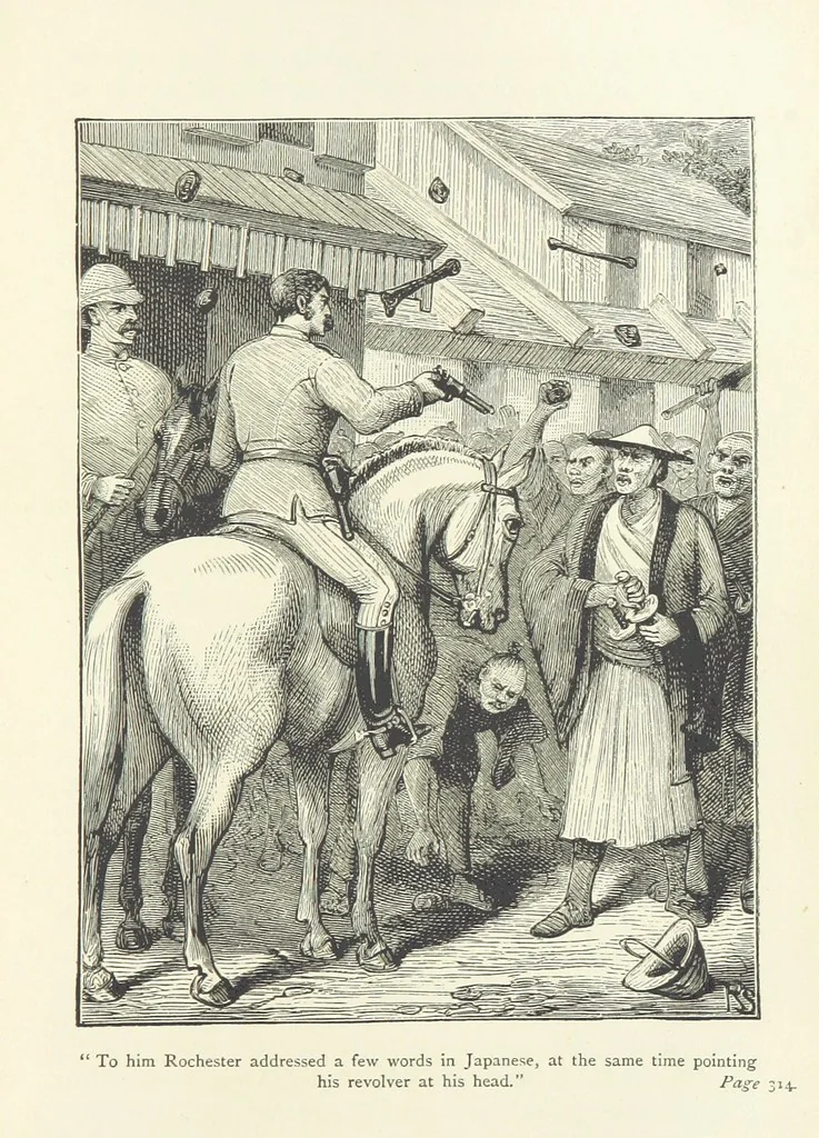 An illustration from With the Colours; or, the piping times of peace ... With illustrations by R. Simkin, 1881, leaf 347