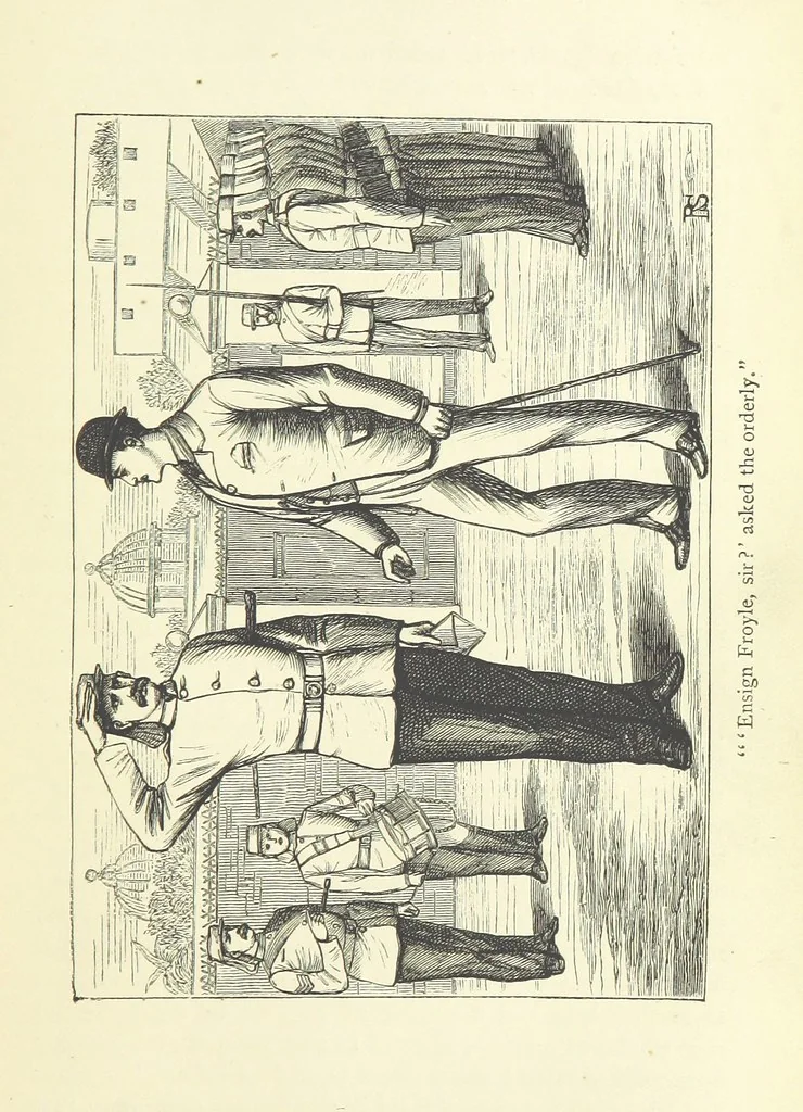 An illustration from With the Colours; or, the piping times of peace ... With illustrations by R. Simkin, 1881, leaf 37
