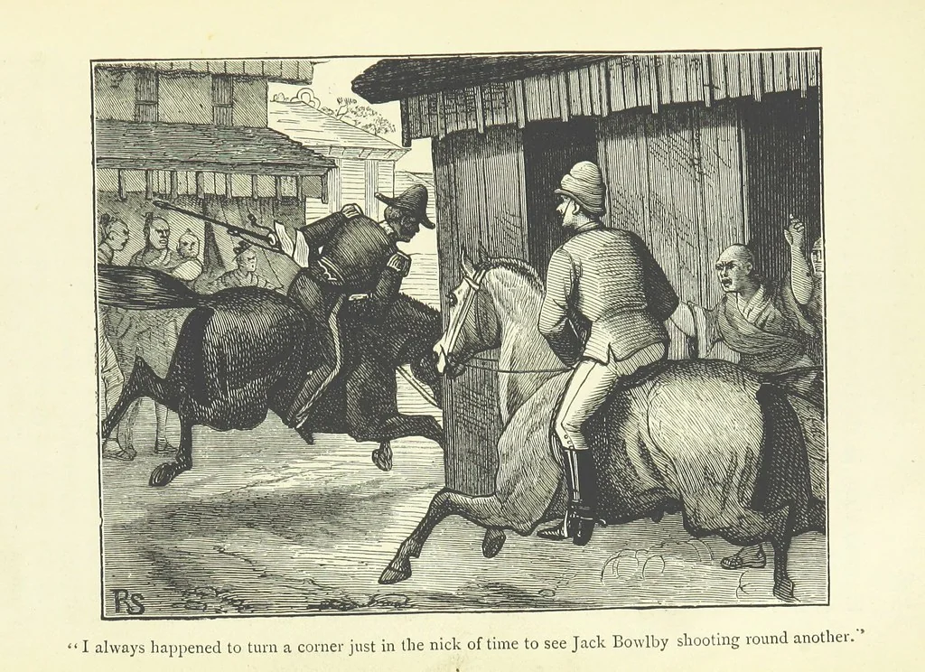 An illustration from With the Colours; or, the piping times of peace ... With illustrations by R. Simkin, 1881, leaf 381