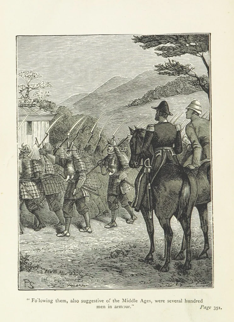 An illustration from With the Colours; or, the piping times of peace ... With illustrations by R. Simkin, 1881, leaf 386