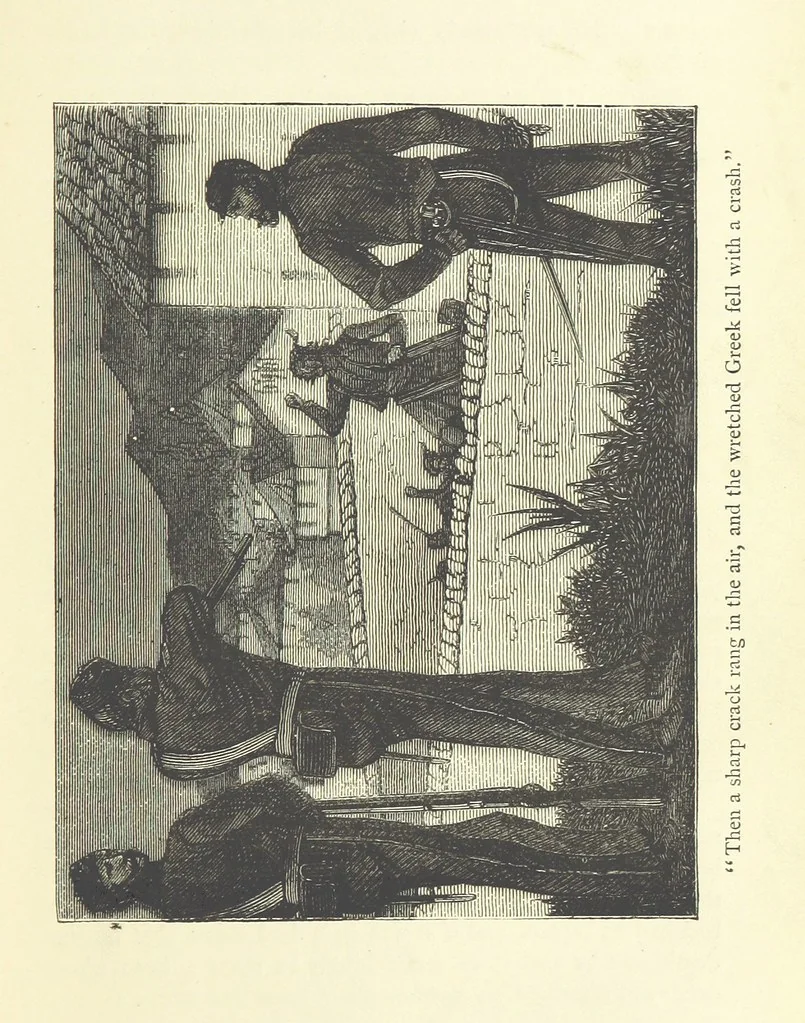 An illustration from With the Colours; or, the piping times of peace ... With illustrations by R. Simkin, 1881, leaf 55