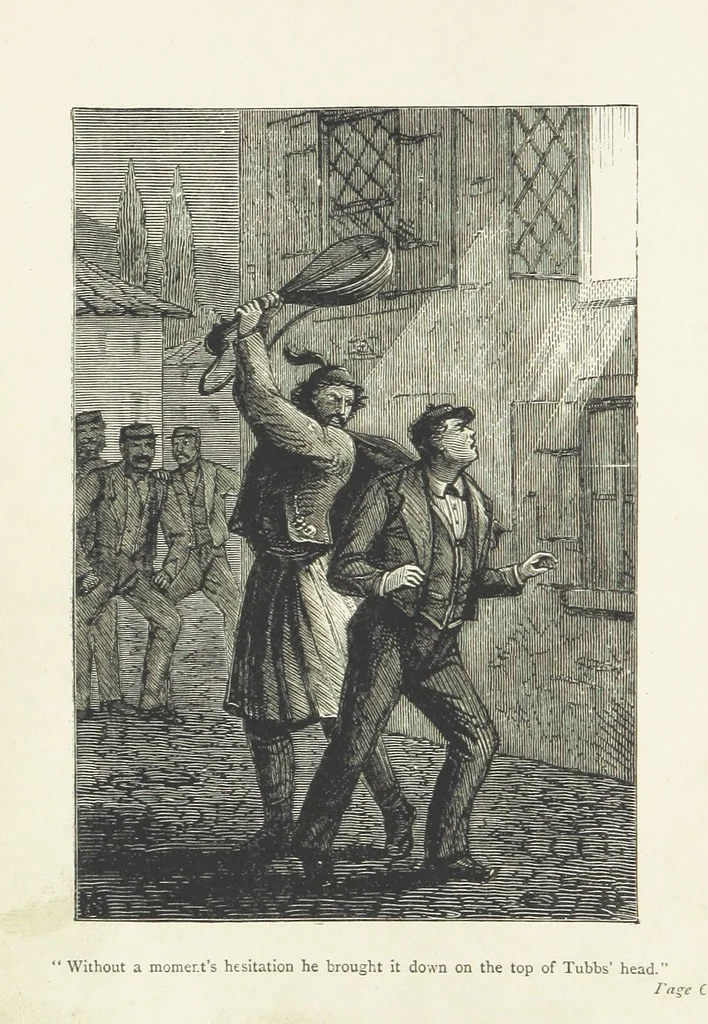 An illustration from With the Colours; or, the piping times of peace ... With illustrations by R. Simkin, 1881, leaf 6