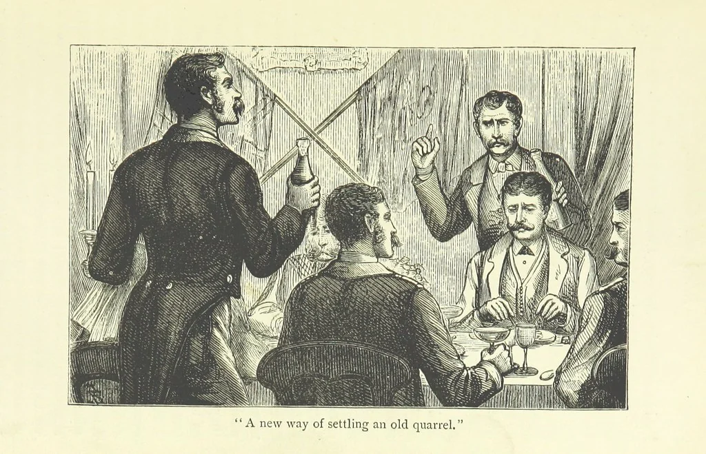An illustration from With the Colours; or, the piping times of peace ... With illustrations by R. Simkin, 1881, leaf 65